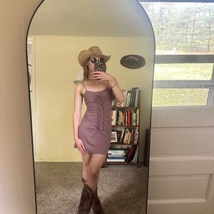 Elegant Taupe Corset Detail Spaghetti Strap Mini Dress